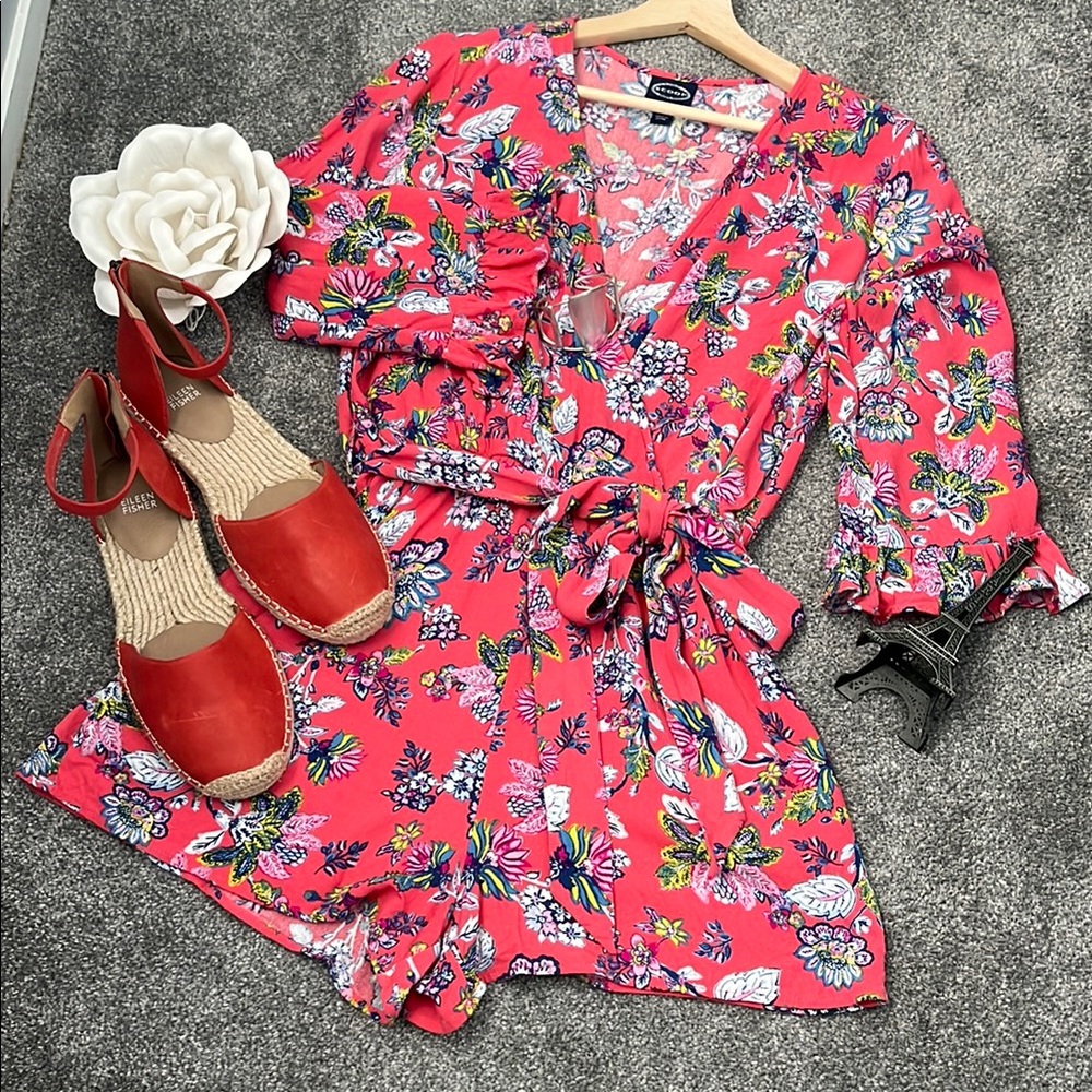 SCOOP Floral Red Romper with Selt-tie Belt - Womens L large